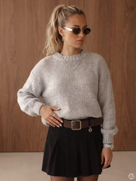 Sweter luźny z okrągłym dekoltem jasnoszary Dstreet