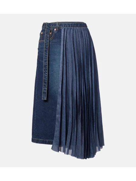 Fustă din denim Sacai plisată până la genunchi albastru