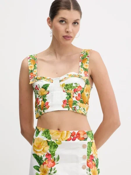 Ленена блуза Farm Rio с десен бяло