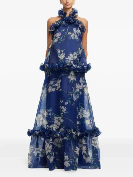 Fusta maxi Leo Lin cu model floral cu volane albastru