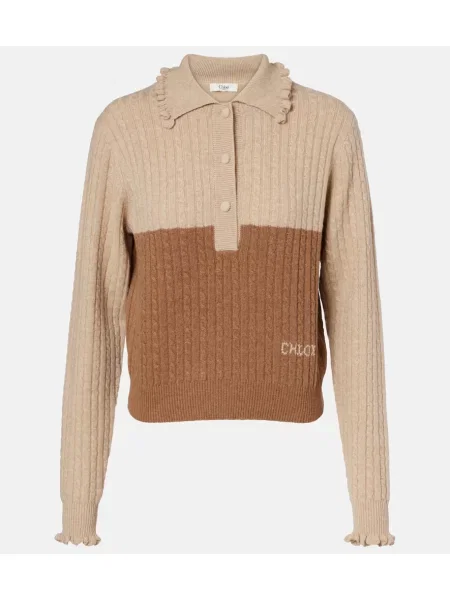 Pulover Chloé de lână cu volane bej