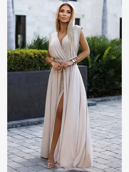 Rochie maxi Numoco eleganta lungă bej