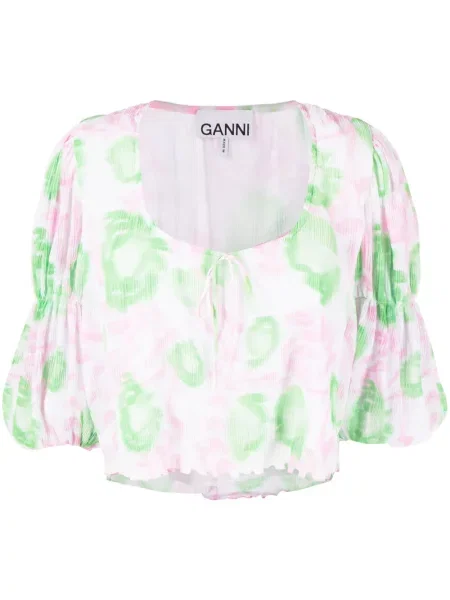 Bluză Ganni cu model floral cu imagine plisată roz