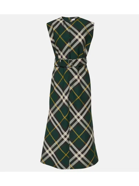 Sukienka midi Burberry wełniana w kratkę do kolan zielona