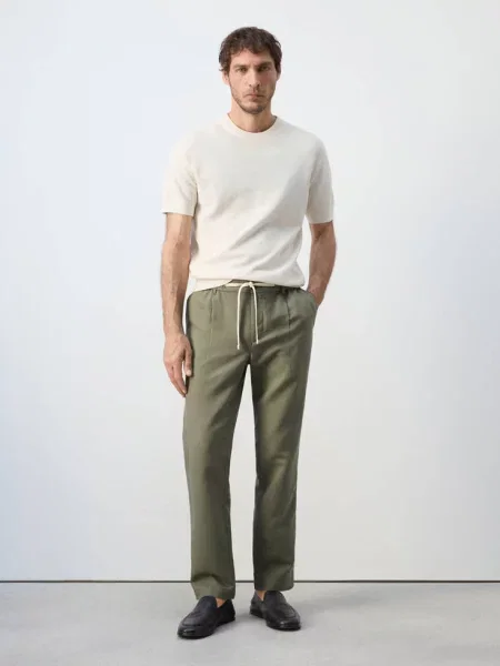 Spodnie slim fit cropped z lnu i bawełny ciemnozielony Mężczyzna 44 MANGO MAN