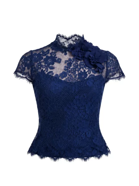 Top Gemy Maalouf cu model floral cu aplicații din dantelă albastru