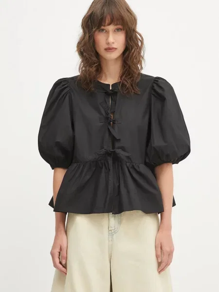 GANNI bluză din Cotton Poplin Peplum uni negru