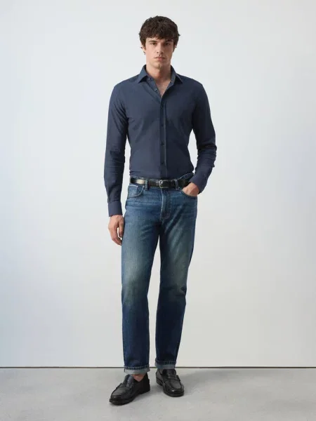 Koszula slim fit z bawełny Mężczyzna XXL MANGO MAN granatowy