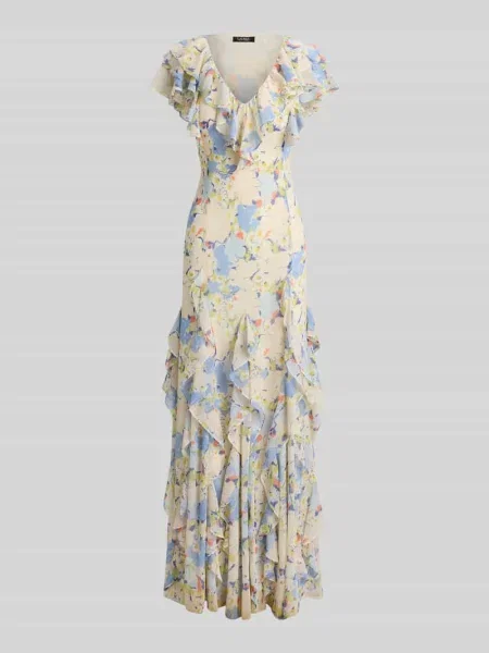 Sukienka wieczorowa z falbanami Lauren Ralph Lauren beżowa