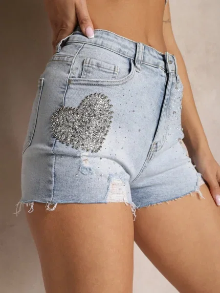 Blugi scurți albaștri cu talie înaltă cu pietre și găuri albastru