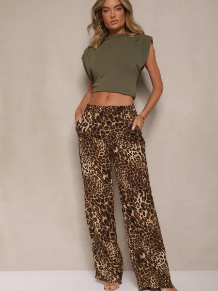 Pantaloni cu imprimeu leopard evazați talie înaltă închidere laterală cu Frisalie bej