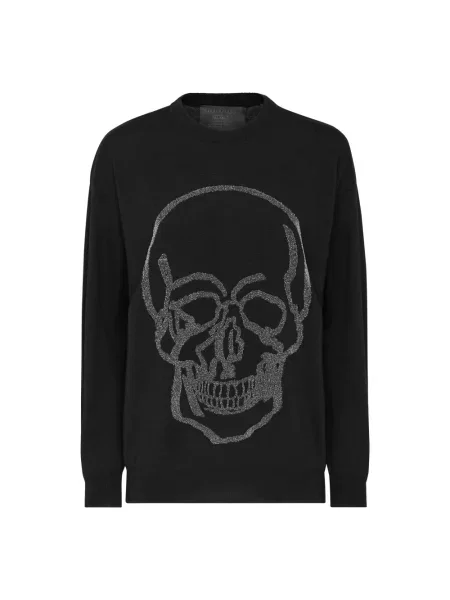 Sweter Philipp Plein wełniany z okrągłym dekoltem czarny
