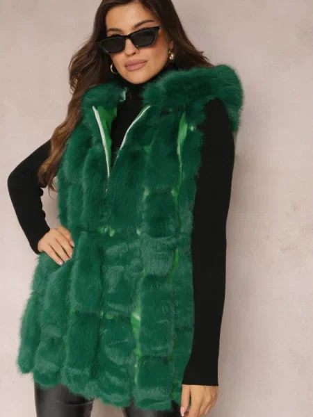 Vestă de Blană cu Glugă Konessa verde