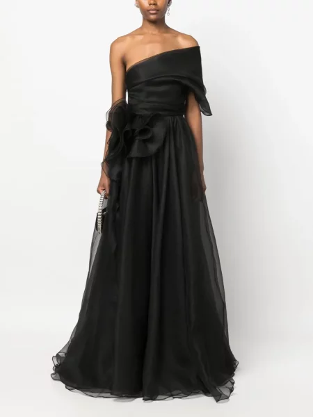 Rochie maxi Ana Radu drapată cu un umăr gol de costum negru