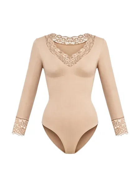 Cfab Alakformáló body Clean Longsleeve V-Neck with Lace Sculpting Bodysuit with Slip' bézs
