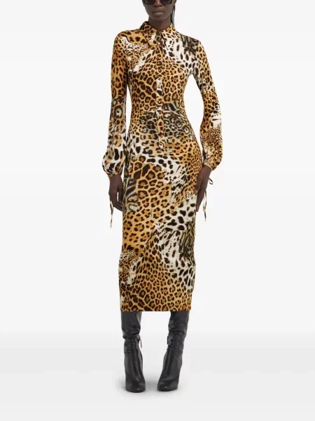 Raštuota midi suknelė Roberto Cavalli leopardinė iki kelių ruda