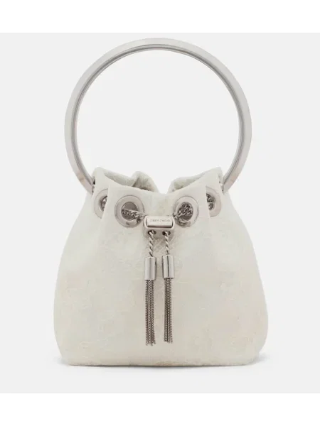 Geantă bucket Jimmy Choo din dantelă alb