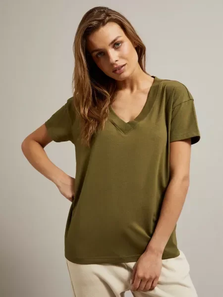 Tricou Moodo cu decolteu în V kaki