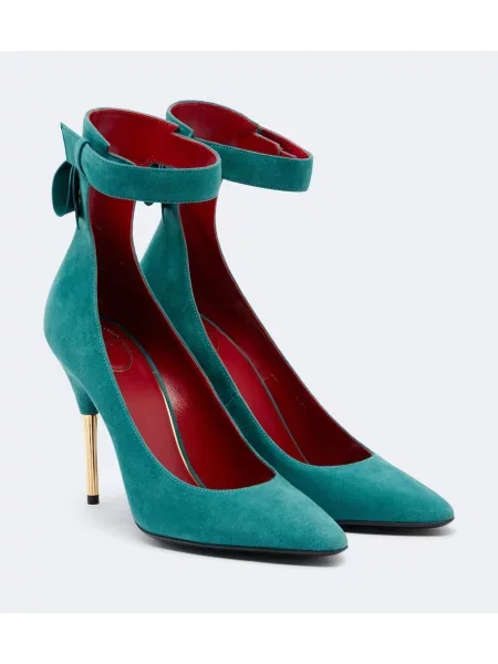 Pantofi cu toc Valentino Garavani cu funde din piele de căprioară verde