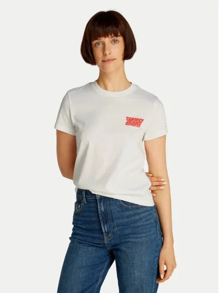 Koszulka z nadrukiem Tommy Jeans z krótkim rękawem biała