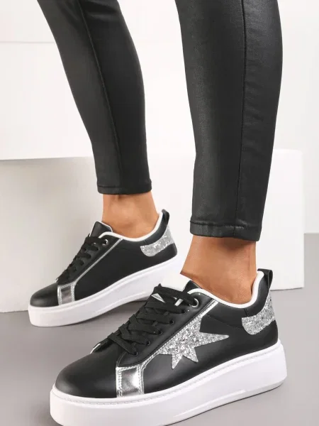 Sneakers cu Platforma Joasa si Insertii Sclipitoare Cominia negri