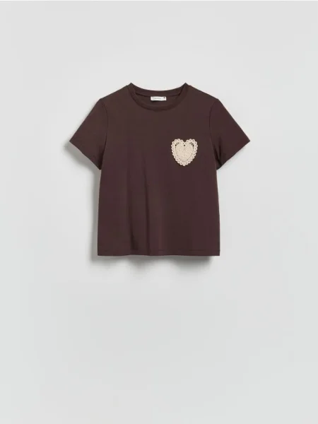 Reserved Tricou cu aplicație brodată maro-închis maro