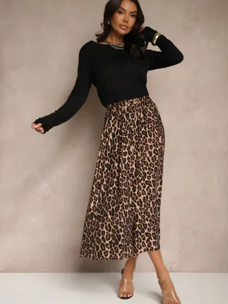 Rozkloszowana Spódnica z w Panterkę High Waist z Gumką w Talii Vimashira beżowa