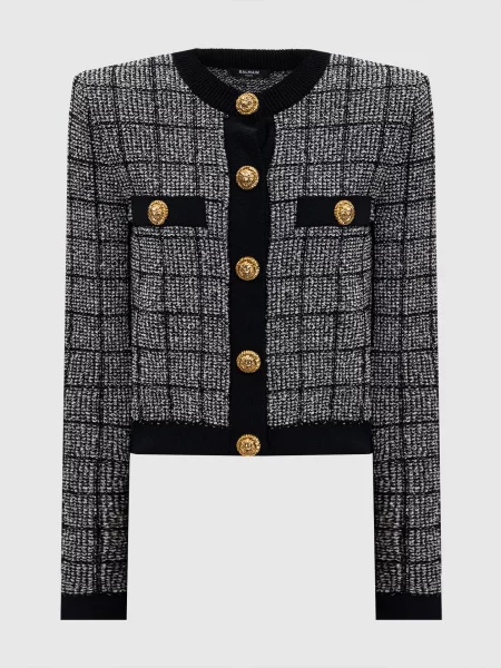 Твідовий кардиган в клітинку Balmain чорний
