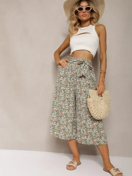 Pantaloni cu picioare largi talie înaltă cu și în talie Drosofia verzi