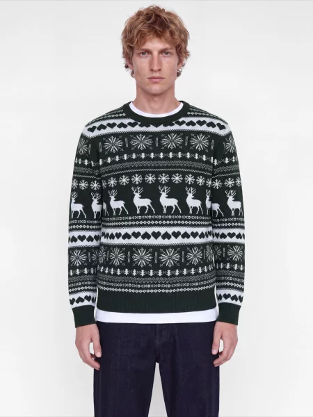 JACK & JONES Pulover JJXMAS SANTA verde închis / murdar alb
