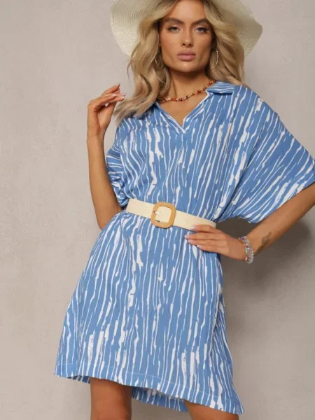 Rochie tip Cămașă din In și cu Guler Umstalia albastră