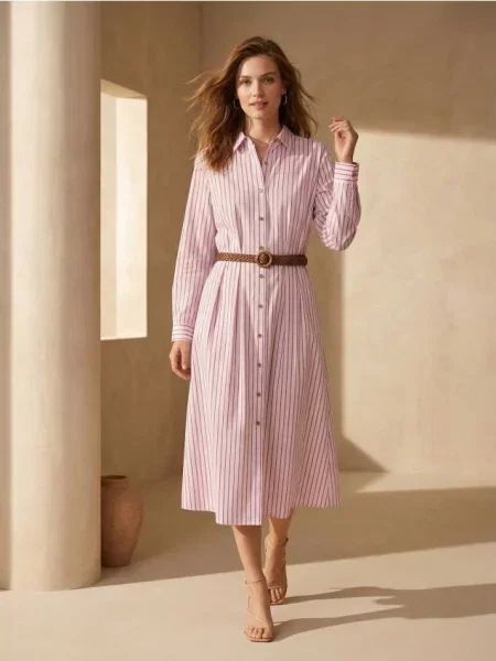 Сукня міді сорочкового крою з плетеним у вертикальну смужку різнобарвний