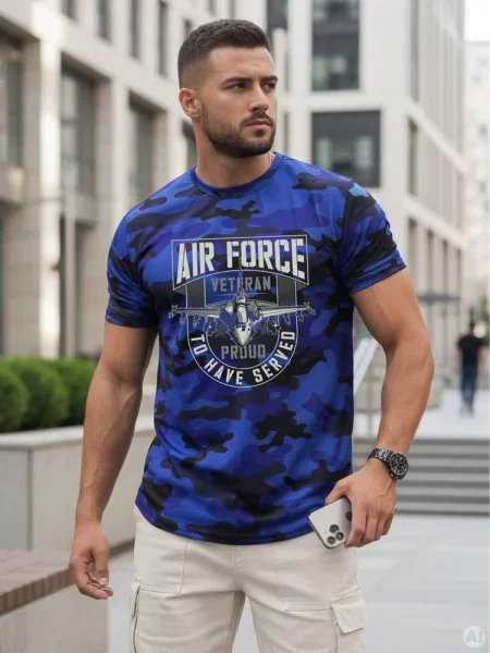 T-shirt klasyczny moro z nadrukiem Dstreet niebieski