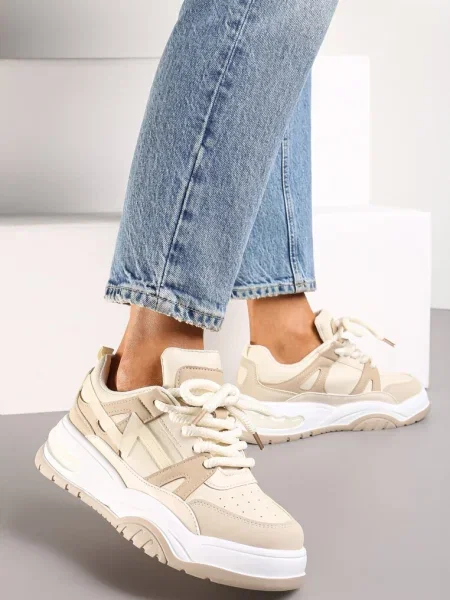 Sneakersy na Grubej Podeszwie z Szerokim Wiązaniem Iniestra beżowe