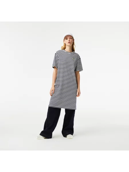 Lacoste Sukienka Z Okrągłym Dekoltem Z Krótkim Rękawem W Paski Relaxed Fit Kremowy czarna