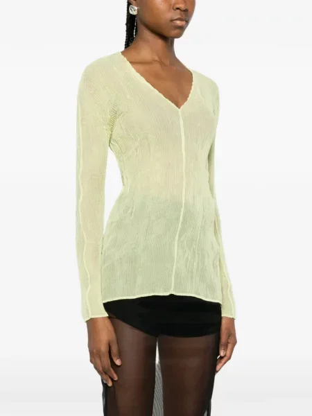 Koszulka Issey Miyake z dekoltem w serek z falbankami zielona