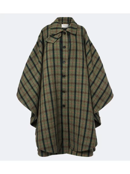 Poncho Chloé de lână în carouri verde
