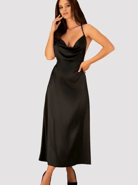 Длинная атласная сорочка на бретельках Платье_Obsessive_Agatya чорна