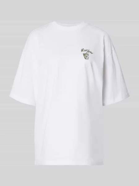 Oversize’owy T-shirt z nadrukiem z przesłaniem Review biała