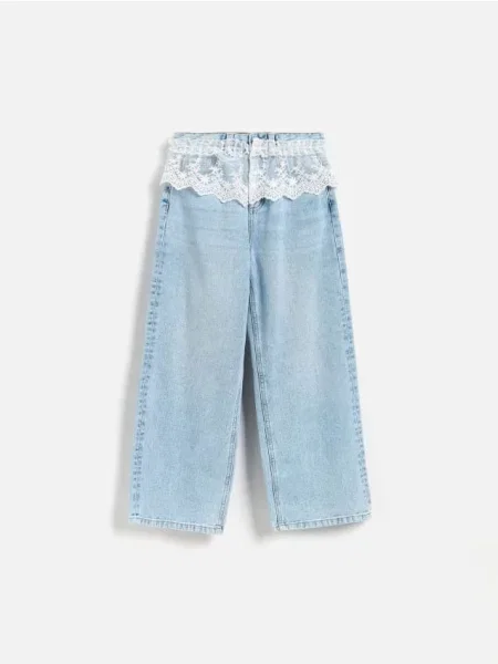 Reserved Jeansy wide leg z koronkowym detalem niebieski
