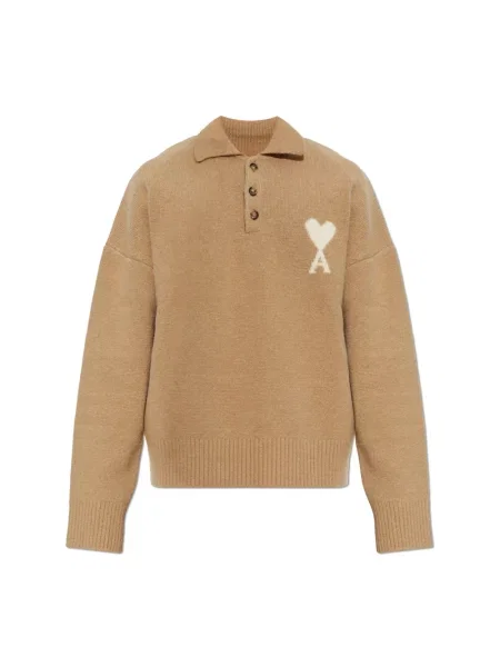 Sweter Ami Paris wełniany z logo beżowy