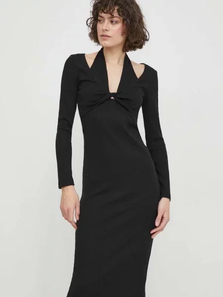 Рокля Sisley среднодълга с кройка по тялото черно