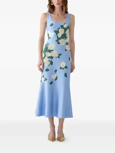 Gėlėta megzta midi suknelė Carolina Herrera mėlyna