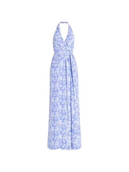 Rochie florală Temperley London cu model floral cu gât halter albastru