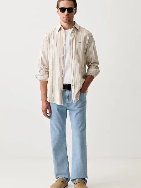 Tommy Jeans košeľa pánska s ľanom béžová