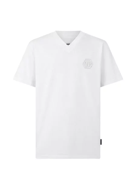 Tricou Philipp Plein cu broderie cu decolteu în V alb