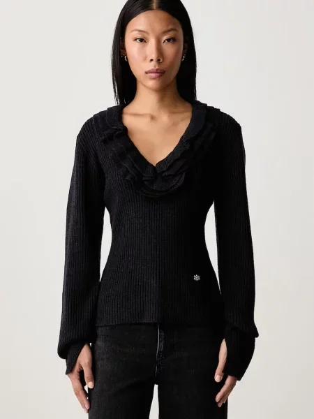 GANNI Ribbed Frill pulover cu lână merino pentru femei