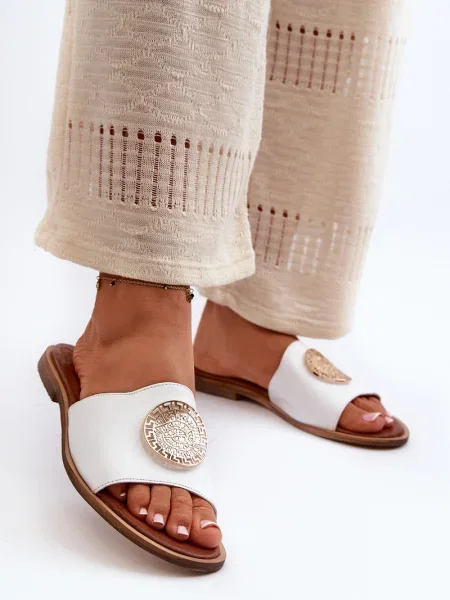 Кожени чехли Zazoo с плосък ток бяло