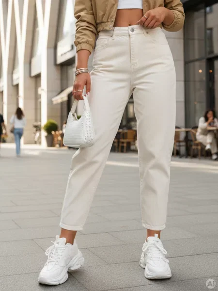 Jeansy mom fit z wysokim stanem śmietankowe Dstreet