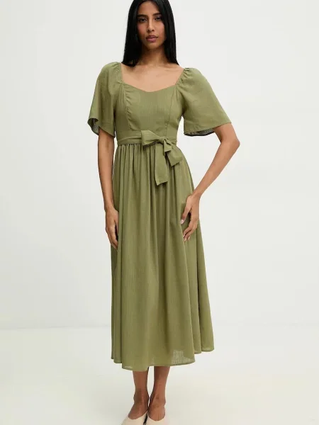 Answear Lab sukienka z lnem midi rozkloszowana zielony